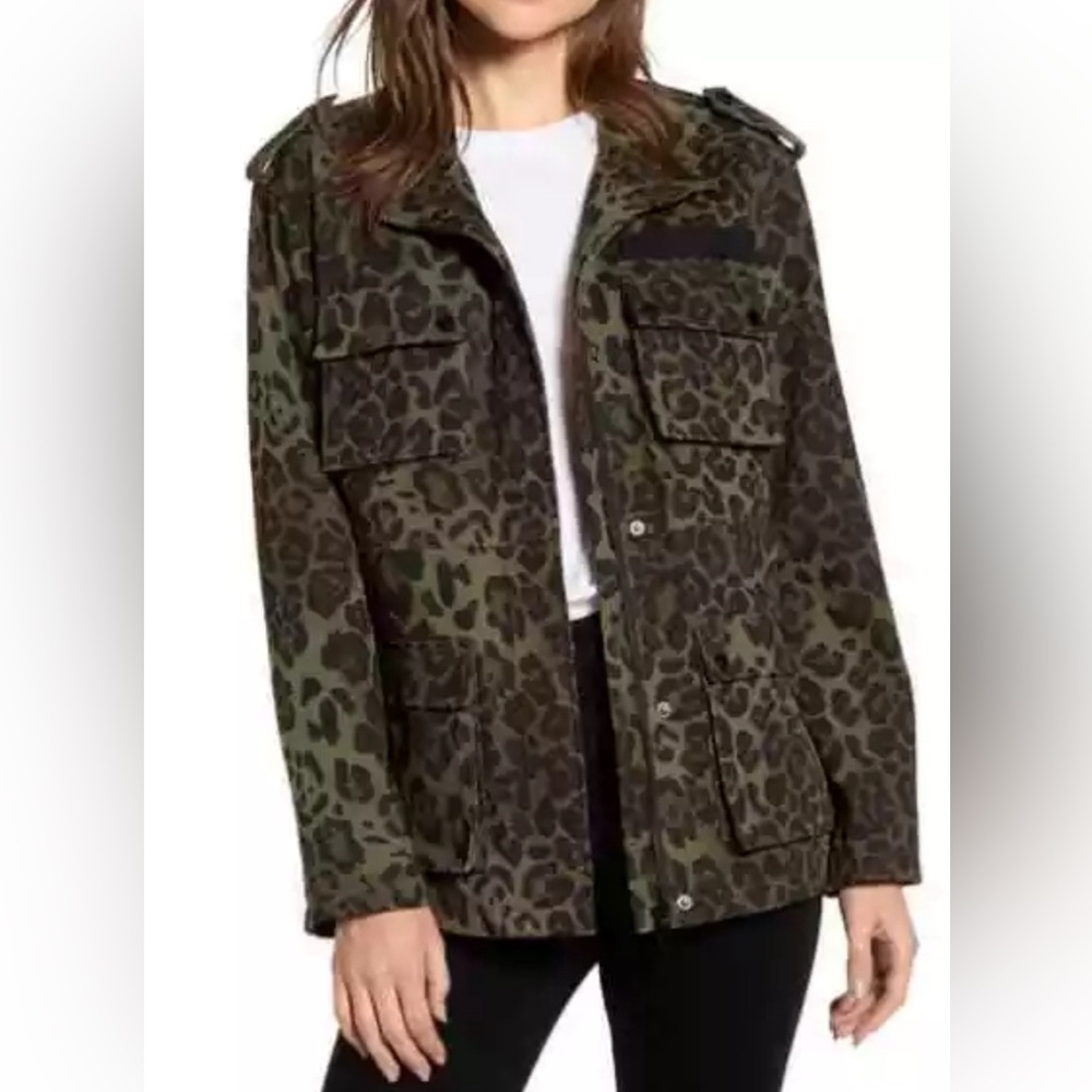 Avec Les Filles Army Green Black Leopard Print Utility Jacket XS Cargo Twill
